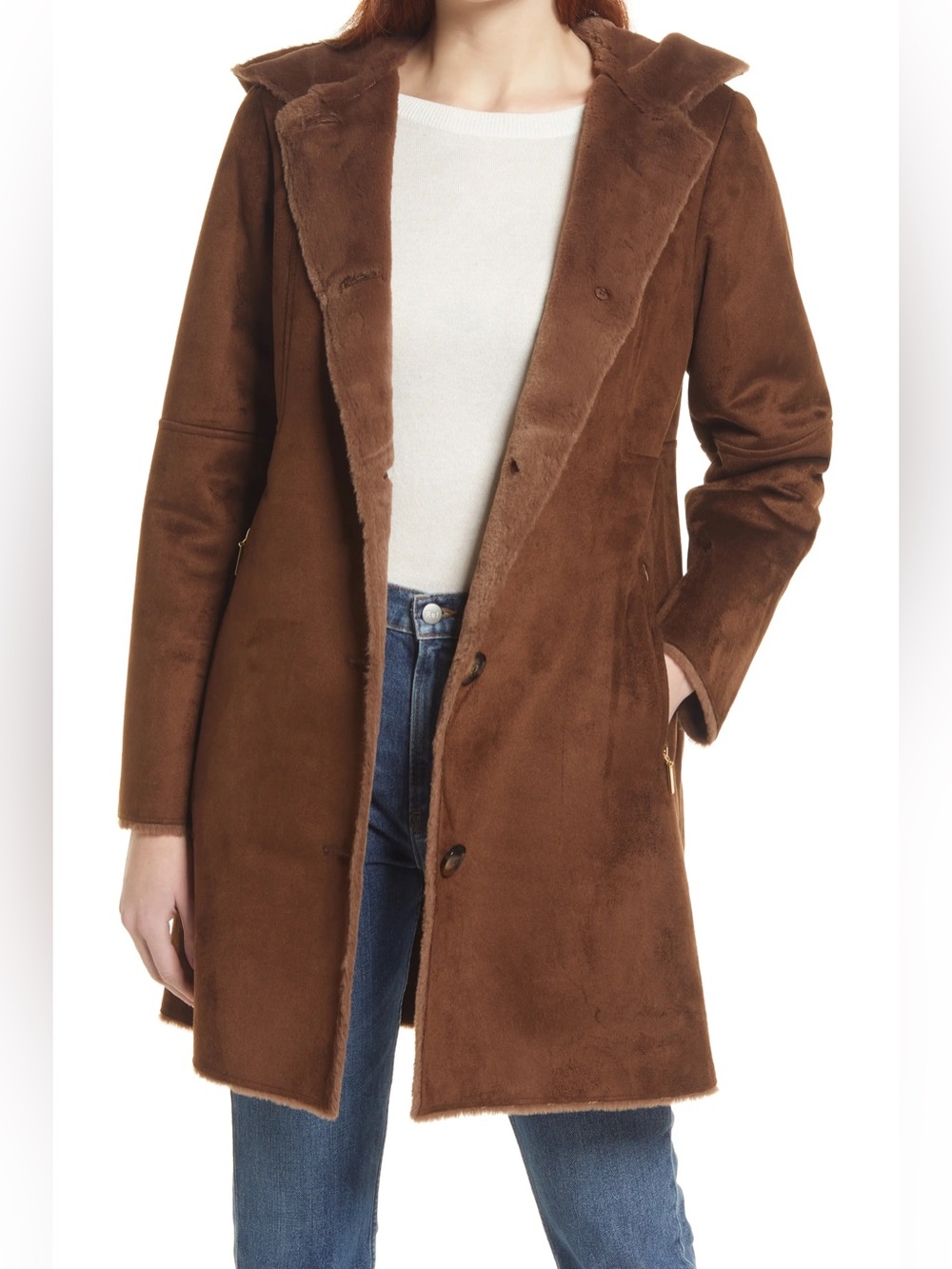 Gallery Faux Suede Faux Shearling Hooded Long Coat Brown XL NWT - Picture 1 of 13